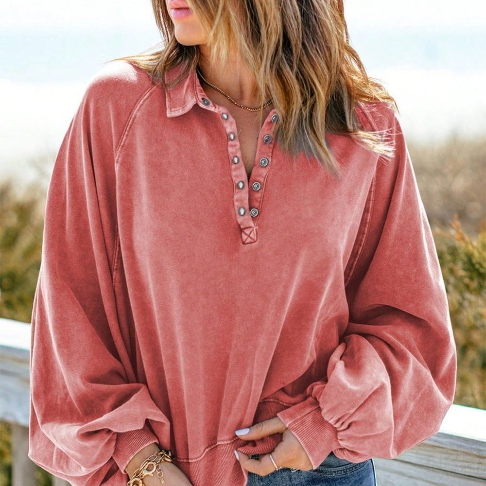 Red Casual Womens Half Button Raglan Sleeve Sweatshirt - Picture 3 of 5